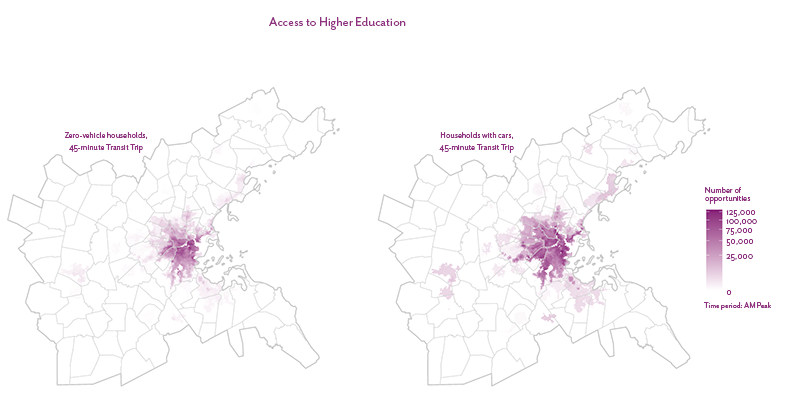 Figure 15 is a map that shows the number of higher education opportunities accessible within a 45-minute public transit trip for zero-vehicle households and households with a vehicle in the Boston region.